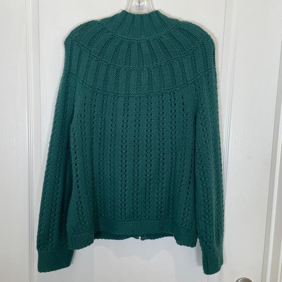 Talbots Mixed Stitch Cardigan Emerald Green Zip Front Mock Neck Cotton L - Picture 6 of 7